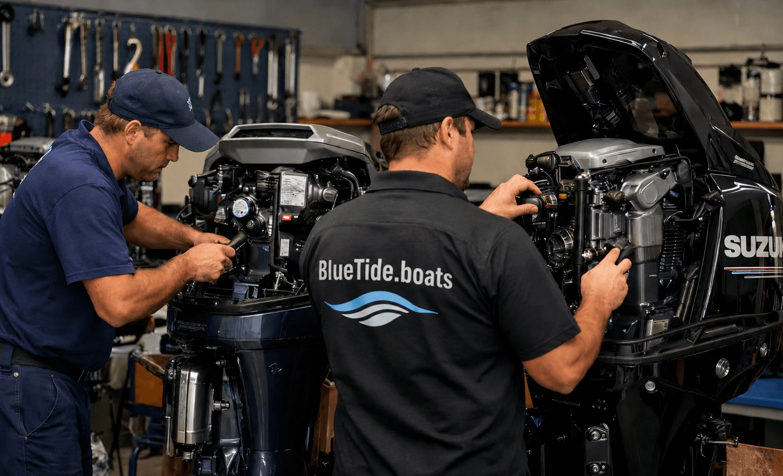 BlueTide technicians servicing outboard motors